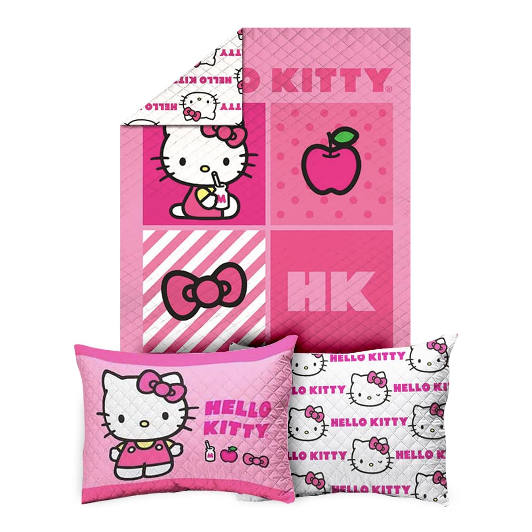 Providencia Edrecolcha Matrimonial 1.90 x 2.25 m con 2 Fundas para Almohada 70 x 50 cm. Hello Kitty. Mezcla Ideal Entre edredón y Colcha. Súper Suave, sin Calor. Lava fácil. Poliéster