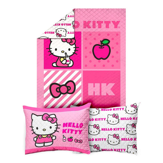 Providencia Edrecolcha Matrimonial 1.90 x 2.25 m con 2 Fundas para Almohada 70 x 50 cm. Hello Kitty. Mezcla Ideal Entre edredón y Colcha. Súper Suave, sin Calor. Lava fácil. Poliéster