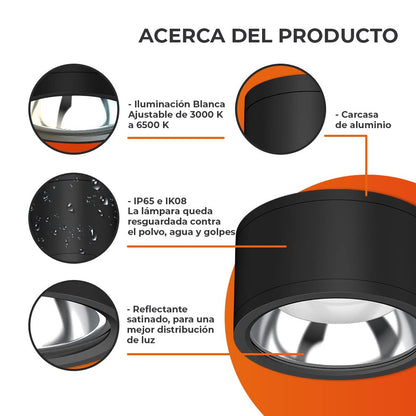 Tecnolite Lámpara Plafón LED de Sobreponer 35 W, Luz Blanca Configurable, IP65, IK08, Interior y Exterior, LED integrado