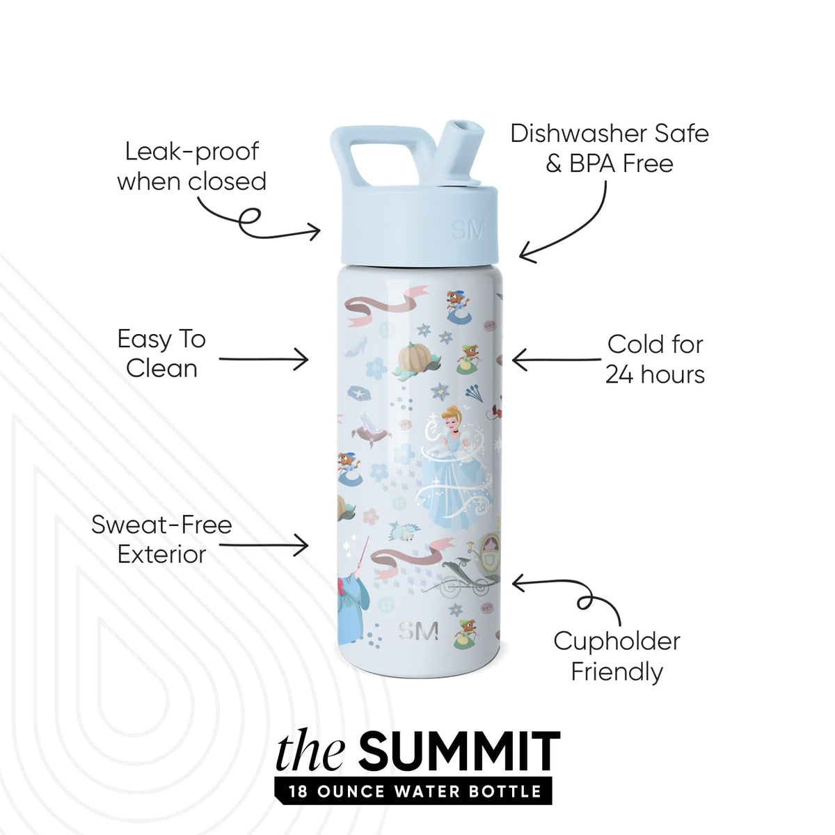 Simple Modern - Botella de agua Summit para niños con tapa de popote, vaso aislado de acero inoxidable de 18 onzas, para niñas, escuela, deseos florales de Cenicienta