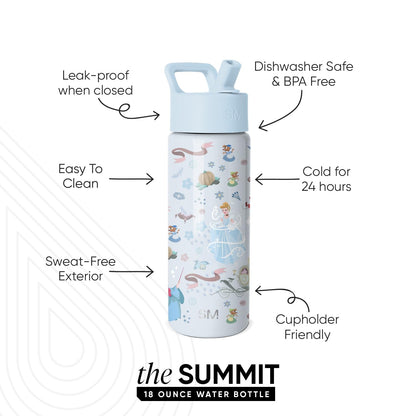 Simple Modern - Botella de agua Summit para niños con tapa de popote, vaso aislado de acero inoxidable de 18 onzas, para niñas, escuela, deseos florales de Cenicienta