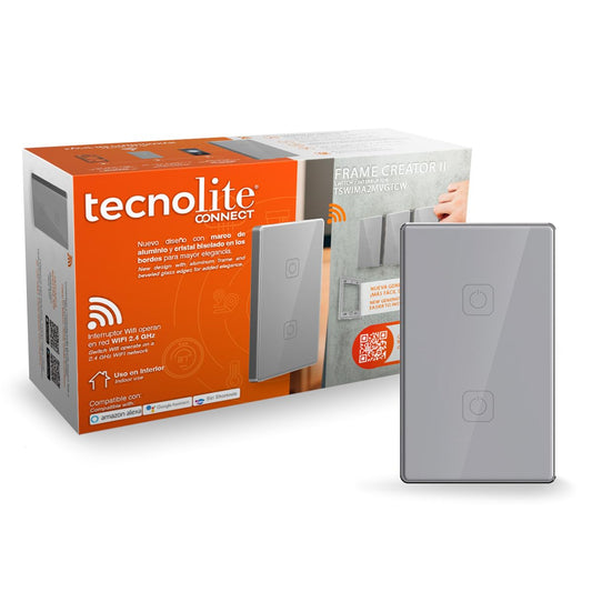 Tecnolite Connect - Apagador Inteligente Táctil WiFi 2 Circuitos con Cable Neutro, Compatible con App móvil y Asistentes de voz