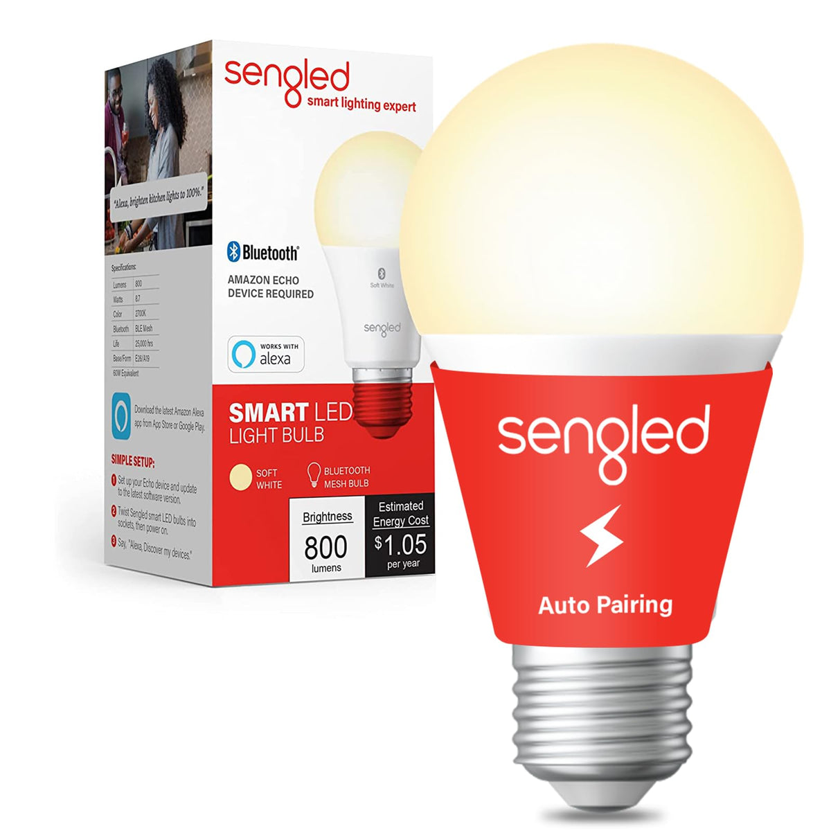 Sengled Smart LED Light Bulb, Compatible con Alexa, 800LM, Blanco suave 2700K, 8.7W (60W Equivalente), 1 Paquete - Actualización desde el dispositivo