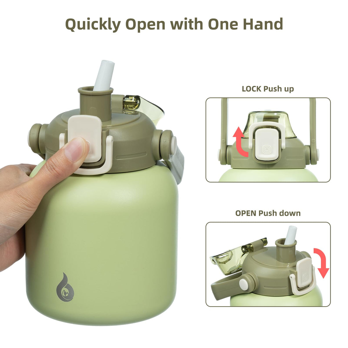 BJPKPK - Botellas de agua aisladas con popote, 27 onzas lindas botellas de agua con asa, termo de metal de acero inoxidable sin BPA, termo de fácil transporte para hombres y mujeres, verde claro