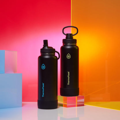 ThermoFlask - Botella de agua de acero inoxidable aislada al aspiradora de doble pared de 40 onzas con tapa de popote, eclipse eléctrico