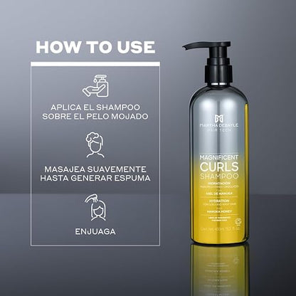 MARTHA DEBAYLE Shampoo MAGNIFICENT CURLS. Boost de hidratación para pelo chino y ondulado. Con miel de Manuka nutritiva. Sin parabenos y ftalatos. 450 ml