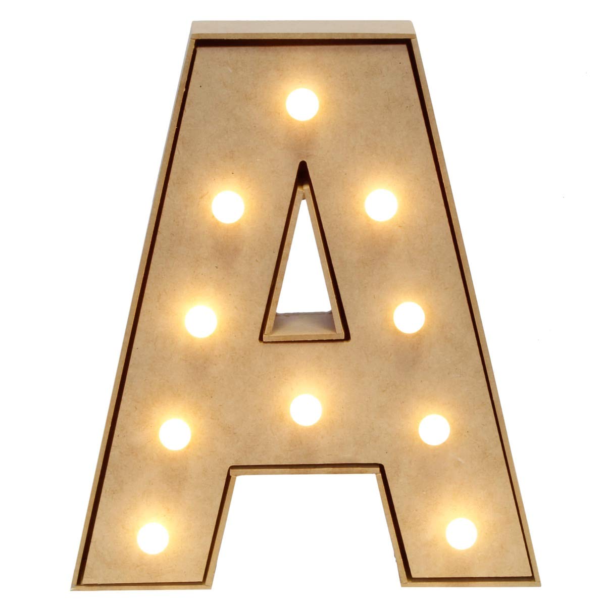 Mylin Letras de Madera con Serie de Focos LED. Tamaño 25cm. Letras del Alfabeto, Para Fiestas, Mesas de Dulces, Bar, Bodas, Recepciones, Escenarios, Hogar. Letra A