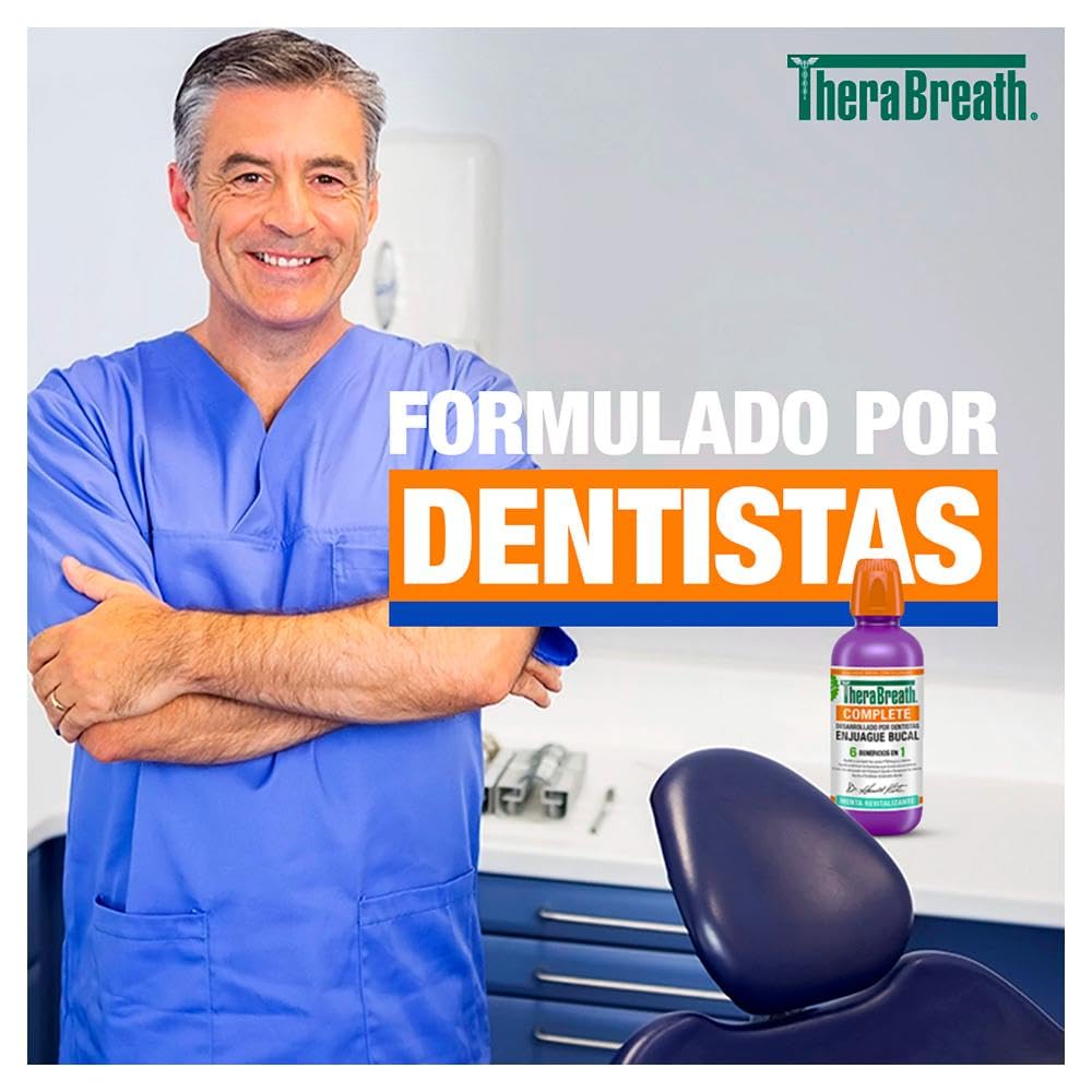 TheraBreath Enjuague Bucal Complete 6 en 1, Menta Revitalizante 473 ml. | Ayuda a Combatir las Caries y el Mal Aliento, Fortalecer los Dientes y el Esmalte. Sin Ardor ni Colorantes. Sin alcohol.