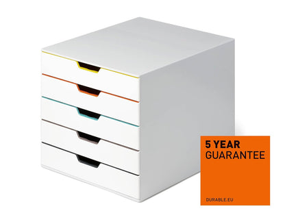 Durable 762527 - Cajonera (A4, varios colores), 5 Fächer | Plástico ABS estable, para formatos A4 y C4, cajones apilables con tope de extracción, 280x292x356 mm, Made in Germany