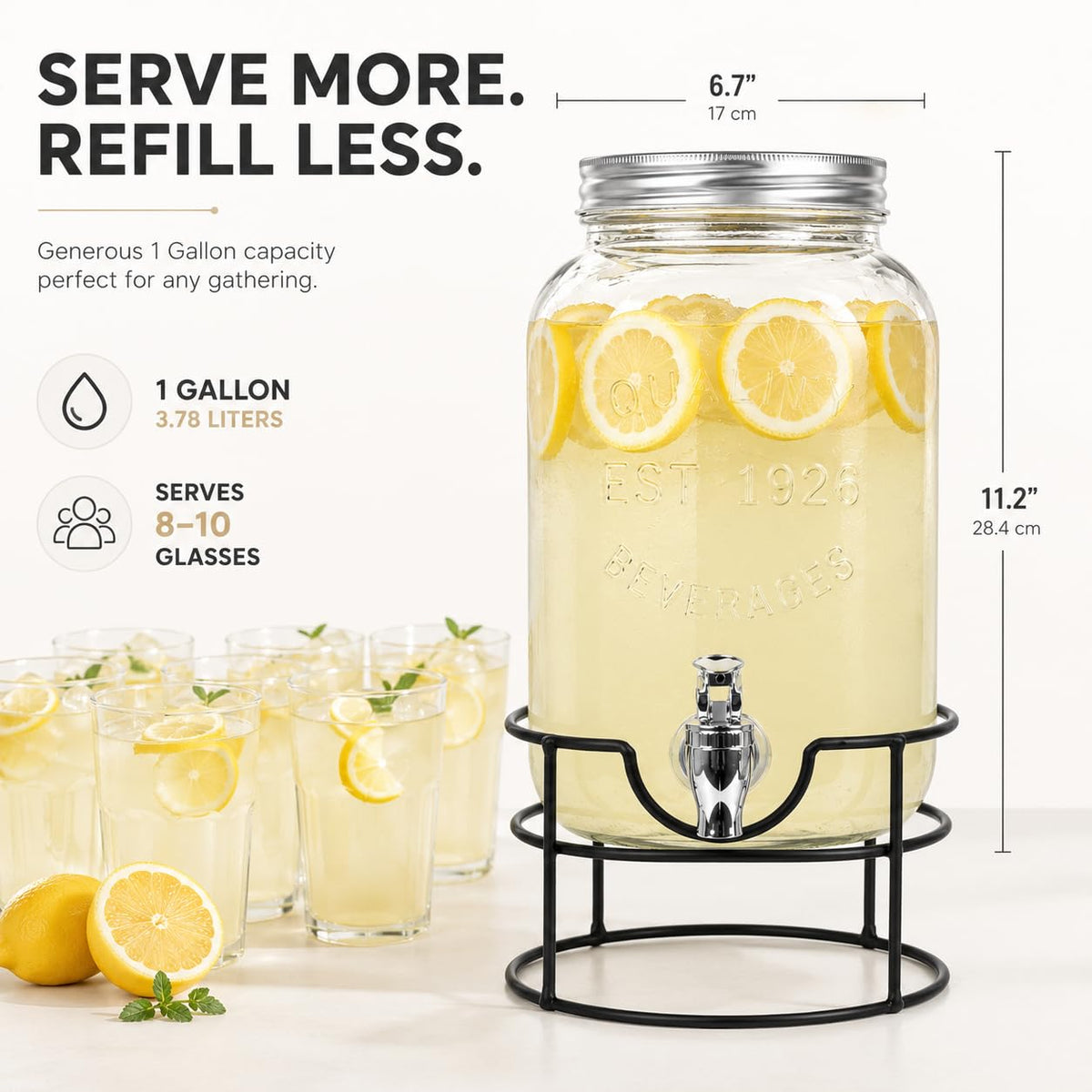 Estilo 1 galón de vidrio Mason Jar doble Bebida Dispensador de bebidas en soporte de metal con Spigot sin fugas