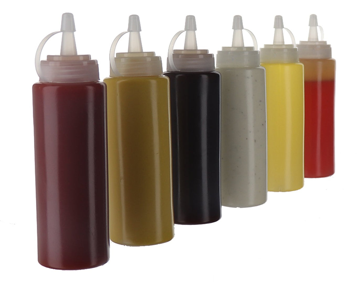 Oaklyn - Botellas exprimidoras de 8 onzas, paquete de 6 – Botellas reutilizables de condimentos para salsas, líquidos, sin BPA, diseño a prueba de fugas, botellas de plástico fáciles de limpiar con