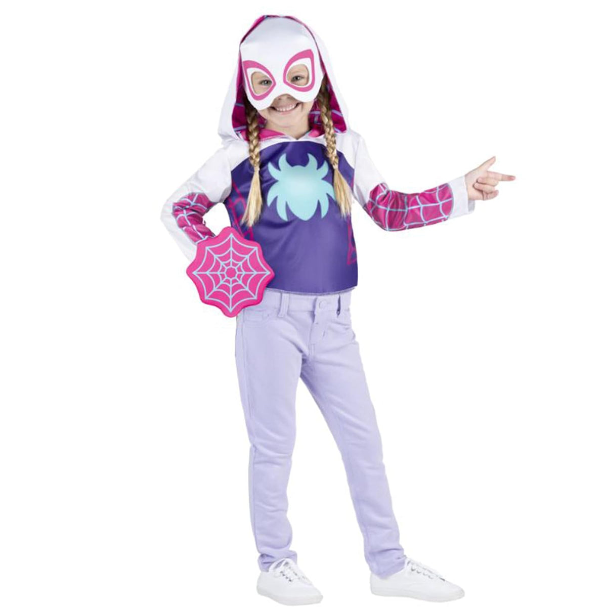 Marvel Ghost Spider - Juego de caja de vestir para niños pequeños - Parte superior de disfraces, máscara de tela, accesorio de protección web y mini vehículo de juguete (3T-4T) multicolor