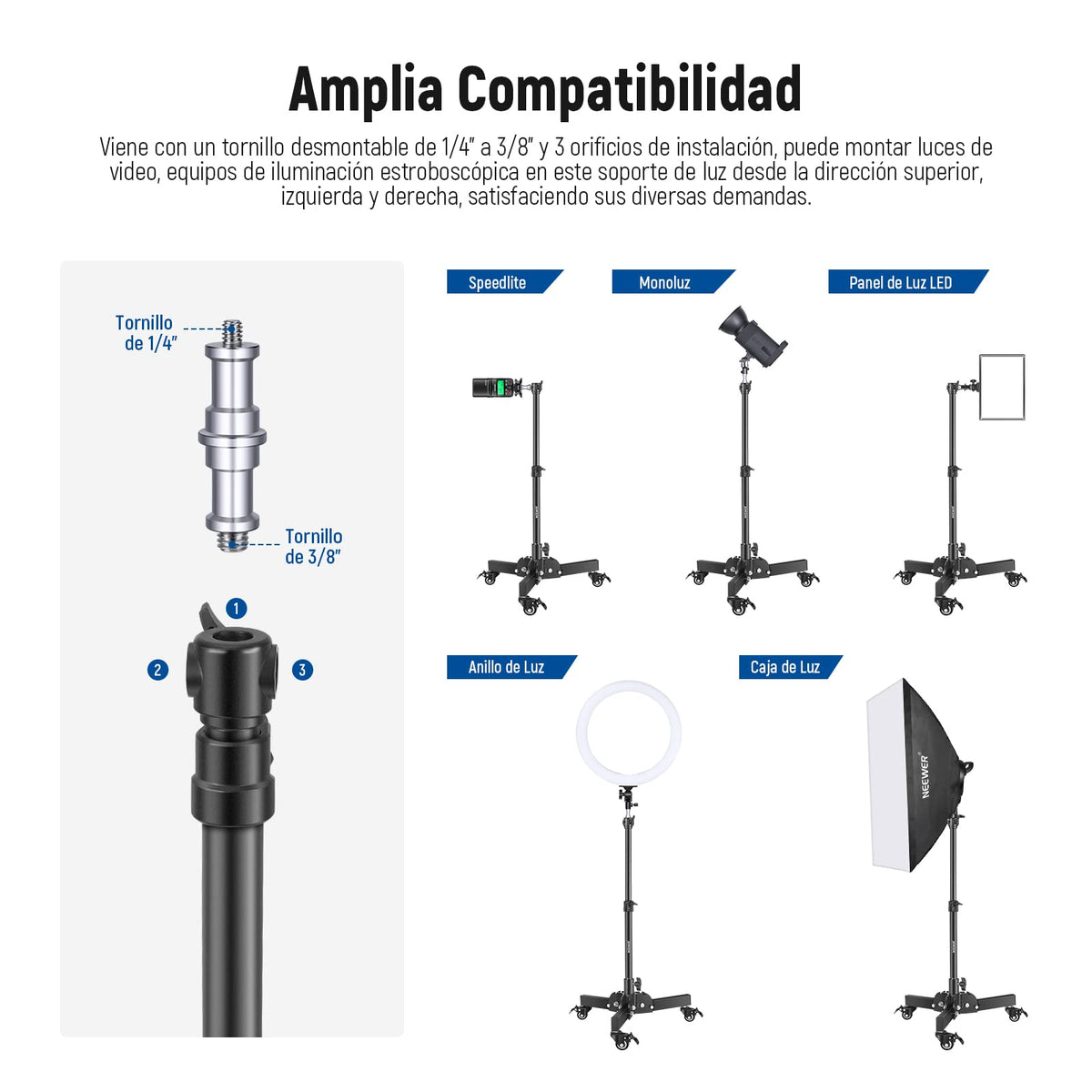 NEEWER Pack de 2 Soportes Luz Alta Resistencia con Ruedas, Altura Máx 2.4 Pies, Trípode Plegable Tomas Angulo Bajo, Soporte Iluminación para Softbox, Monobloques y Otros Equipos Fotográficos, ST72