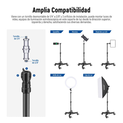 NEEWER Pack de 2 Soportes Luz Alta Resistencia con Ruedas, Altura Máx 2.4 Pies, Trípode Plegable Tomas Angulo Bajo, Soporte Iluminación para Softbox, Monobloques y Otros Equipos Fotográficos, ST72