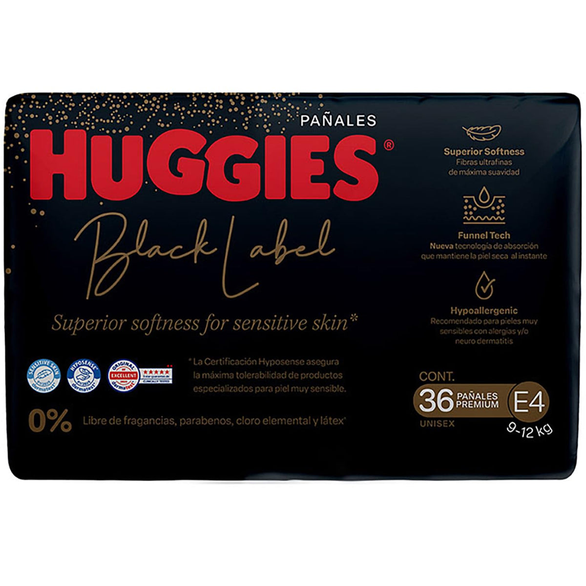 Huggies Black Label Pañales Desechables Premium, Etapa 4 Unisex, Bolsa con 36 piezas, Ideal para bebés de 9 a 12 kg