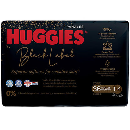 Huggies Black Label Pañales Desechables Premium, Etapa 4 Unisex, Bolsa con 36 piezas, Ideal para bebés de 9 a 12 kg