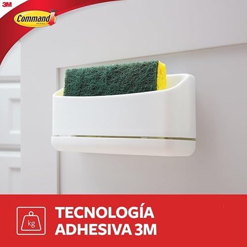 COMMAND 3M Sujeta Esponja de Cocina con Adhesivo Color Blanco 1 pieza | Organiza sin dañar superficies, No deja residuos, No requiere herramientas, Incluye esponja Scotch-Brite, Uso interior