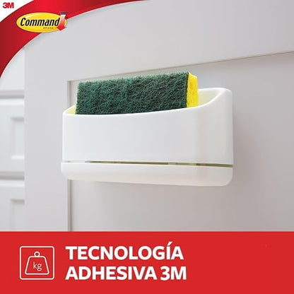 COMMAND 3M Sujeta Esponja de Cocina con Adhesivo Color Blanco 1 pieza | Organiza sin dañar superficies, No deja residuos, No requiere herramientas, Incluye esponja Scotch-Brite, Uso interior
