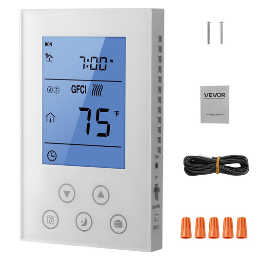 VEVOR Termostato programable de 7 días para calefacción por Suelo Radiante, Bomba de Calor, GFCI Integrado y Sensor Sensible, Pantalla LED retroiluminada, de bajo Consumo, Color Blanco.
