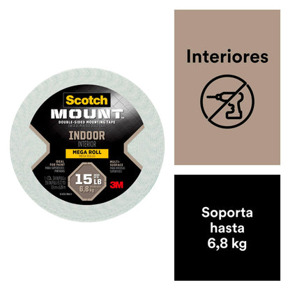 Scotch-Mount 3M Cinta de Montaje Doble Cara, Fijación permanente para Interiores, 19 mmx x 34.75 m, 1 rollo, Soporta hasta 6.8 Kg, Modelo 110H-MR
