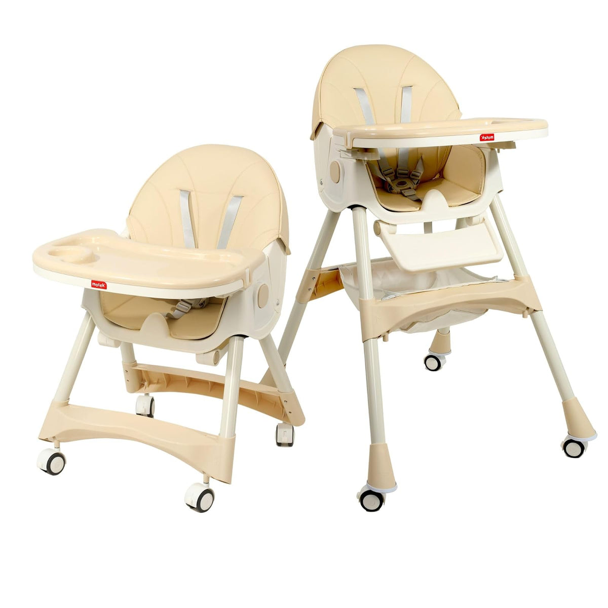 Silla Periquera 2 en 1 para Bebe Motek Brina, Silla Alta y Silla Baja de Juego, Reclinable 4 Posiciones, Ruedas con Freno, Piel Sintética PU, Canastilla de Almacenaje, Reposapiés de Descanso Ajustable en altura, Plegado compacto (Beige)