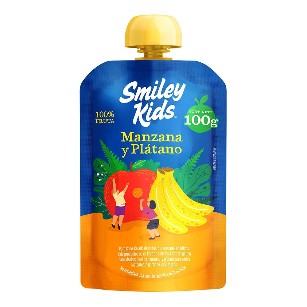 Smiley Kids Caja /24 Papilla Convencional – Manzana + Mango, Manzana + Plátano, Manzana + Pera y Manzana