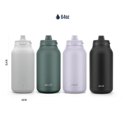 Ello Hydra - Jarra de acero inoxidable aislada al aspiradora de 64 onzas con bloqueo, tapa a prueba de fugas y popote de silicona suave, botella de agua reutilizable de metal, mantiene el frío todo el