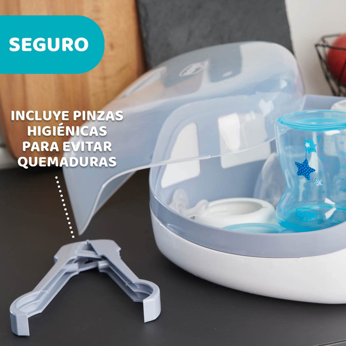 Chicco - Esterilizador para microondas de vapor, rápido y fácil de usar, hasta 6 Biberones, chupones, tetinas y otros accesorios, color Gris