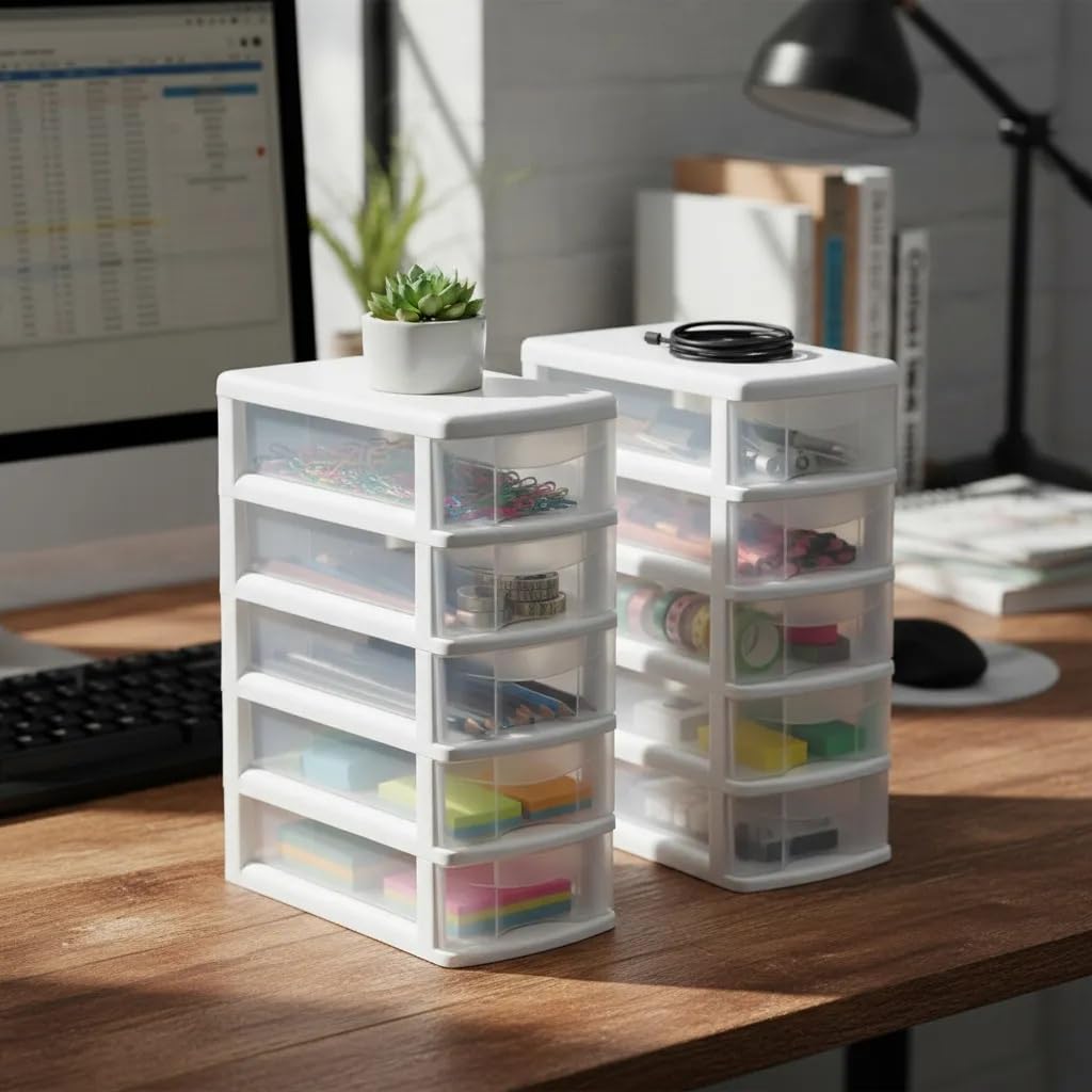 Italhome Cajonera De Plástico, Combo De Mini Organizadores De Escritorio Multiusos Con 5 Cajones Transparentes
