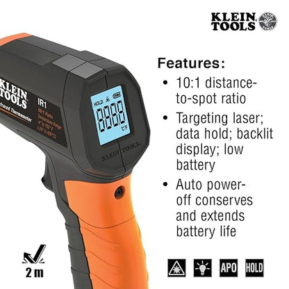 Klein Tools IR1KIT Termómetro infrarrojo y kit de probador de receptáculos GFCI, medición digital de temperatura sin contacto y probador eléctrico