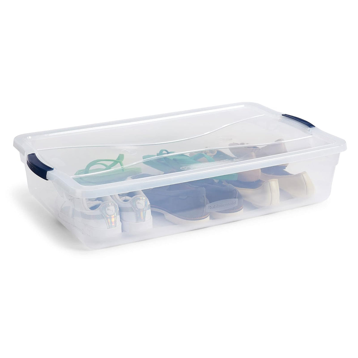 Rubbermaid Cleverstore Contenedor organizador de plástico apilable de 42 cuartos con tapas de cierre para cochera, clóset y aula, transparente, paquete de 4