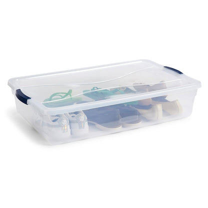 Rubbermaid Cleverstore Contenedor organizador de plástico apilable de 42 cuartos con tapas de cierre para cochera, clóset y aula, transparente, paquete de 4