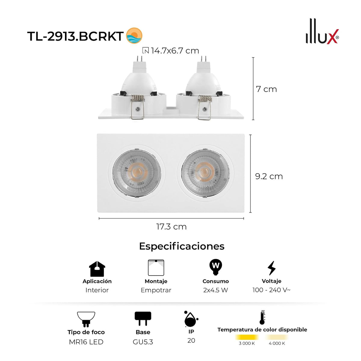 ILLUX Lámpara Downlight Cuadrada 2 Spots GU5.3 LED 9W Neutra 4000K Blanco Cromo TL-2913.BCRKT40