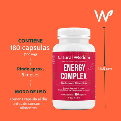Energy Complex Vitaminas y Suplementos para Mujeres Hombres Performance Energia Vitalidad Disminuir Fatiga con 180 Capsulas | A Base de Ubiquinol Guarana Ginseng Te Verde Complejo B | Natural Wisdom