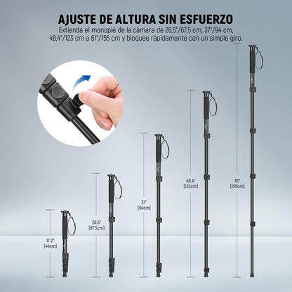 NEEWER 61"/155cm Soporte Monopié para Cámara, Monopié Portátil Viaje Aleación Aluminio con Adaptador de Tornillo 1/4" 3/8" para Videocámara DSLR, Accesorios Cámaras Profesionales, Carga 17.6lb, TP41