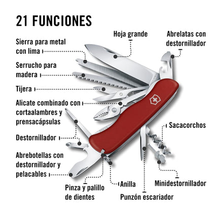 Victorinox Workchamp, Color Rojo, 111 mm, 21 Usos | Herramienta plegable resistente de 4.4 pulgadas con sierra de madera, lima de metal, alicates y tijeras. Escalas de poliamida