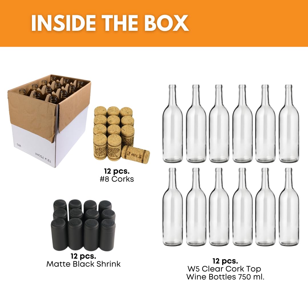 FastRack - Botellas de vino transparentes de 750 ml (paquete de 12) con corcho natural número 8 y mangas retráctiles negro mate, botellas de licor de color burdeos W5/parte superior de corcho de fondo