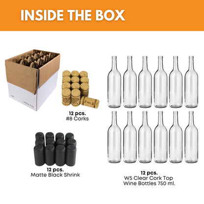 FastRack - Botellas de vino transparentes de 750 ml (paquete de 12) con corcho natural número 8 y mangas retráctiles negro mate, botellas de licor de color burdeos W5/parte superior de corcho de fondo