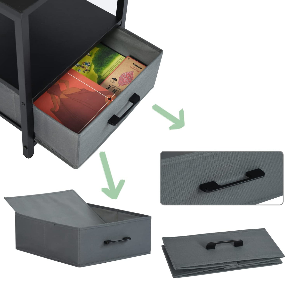 Lösen Mesita de Noche Cuadrada Mesita Auxiliar Se Puede Usar En Dormitorio Sala de Estar con Cajón de Bolsa de Tela Gris (Negro)
