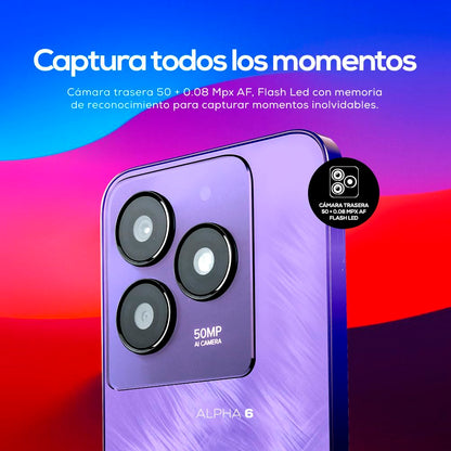 Lanix Alpha 6 Morado + XPocket, Smartphone, 6.67" HD+, 256GB, 8GB RAM, UNISOC T606, Android 15, 50MP, 5000mAh