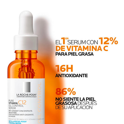 La Roche-Posay Pure Vitamin C12 Oil Control Serum Antioxidante 30ml | Para Piel Mixta a Grasa, Controla el Brillo, Unifica el Tono, Reduce Exceso de Sebo, con Ácido Salicílico