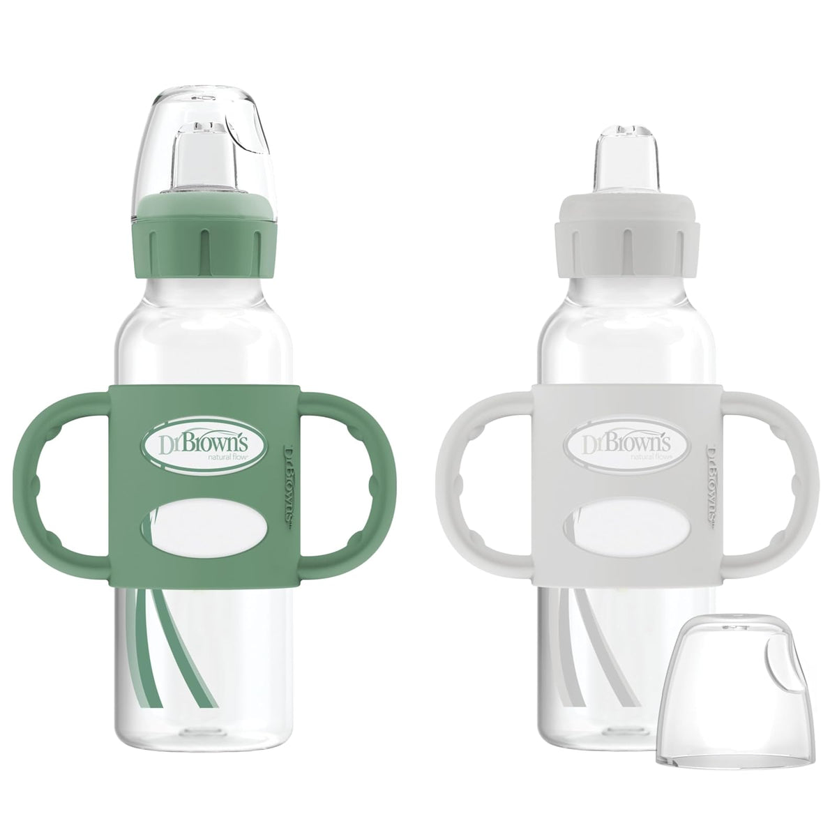Dr. Brown's Milestones Botella Estrecha con Asas de Silicona, 8 oz, 6 Meses+ - verde, gris - 1 Count (Pack of 1)