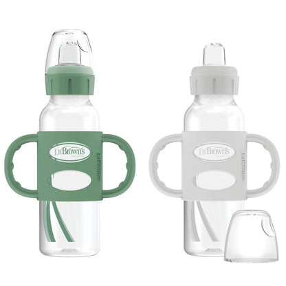 Dr. Brown's Milestones Botella Estrecha con Asas de Silicona, 8 oz, 6 Meses+ - verde, gris - 1 Count (Pack of 1)