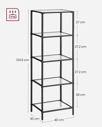 VASAGLE Estantería de Cristal de 5 Niveles, Librería, Expositor, 30 x 40 x 124.5 cm, Baño, Salón, Dormitorio, Oficina, Negro MLGT029B61