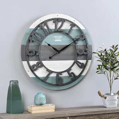FirsTime & Co. - Reloj de Pared con tablones lamentables Color Verde Azulado, decoración clásico Grande para Sala de Estar, Oficina en casa, Redondo, Madera, Granja, 27 Pulgadas