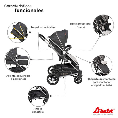 D´BEBÉ - Carriola Travel System Crown - Carriola Multifuncional - Ideal para Bebés Recién Nacidos y hasta los 4 años - Incluye Bambinieto y Autoasiento - Color Negro