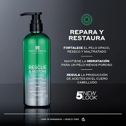 MARTHA DEBAYLE Acondicionador RESCUE & RESTORE. Brillo hidratado para cabello áspero y maltratado. Con ceramidas y Sacha Inchi Peruano. Sin parabenos y ftalatos.