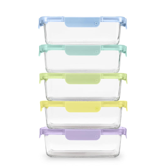 Ello Color Lock - Juego de 5 tazas de 10 unidades, 5 unidades de vidrio para preparar comidas a prueba de fugas, recipientes de almacenamiento de alimentos con tapas de plástico herméticas sin BPA,