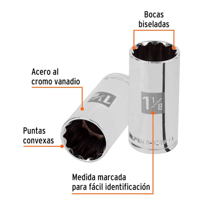 Truper D-1236-EL, Dado de 12 puntas, largo, cuadro 1/2" de 1-1/8"