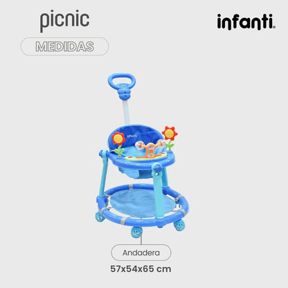 Infanti - Andadera para Bebe 3 en 1 Picnic - Juguetes para Bebe - Andador para Bebe - Con Paseador y Juguetero Musical - Cosas para Bebes - Barra de empuje. (Azul)